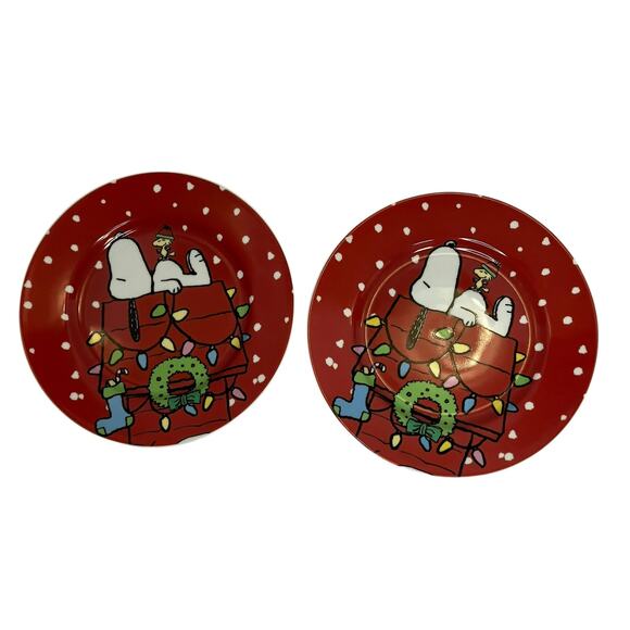 Peanuts Snoopy Woodstock Christmas Dessert Plate By Gibson Set of 2 - Picture 1 of 4